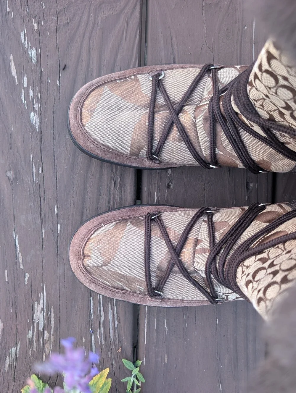 Coach Laurilyn Signature Logo Lace-Up Winter Boots with Gray Shearling Cuffs